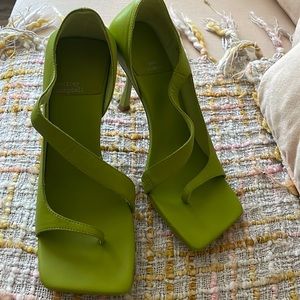 Green leather Jeffery Campbell spiral heel sandals